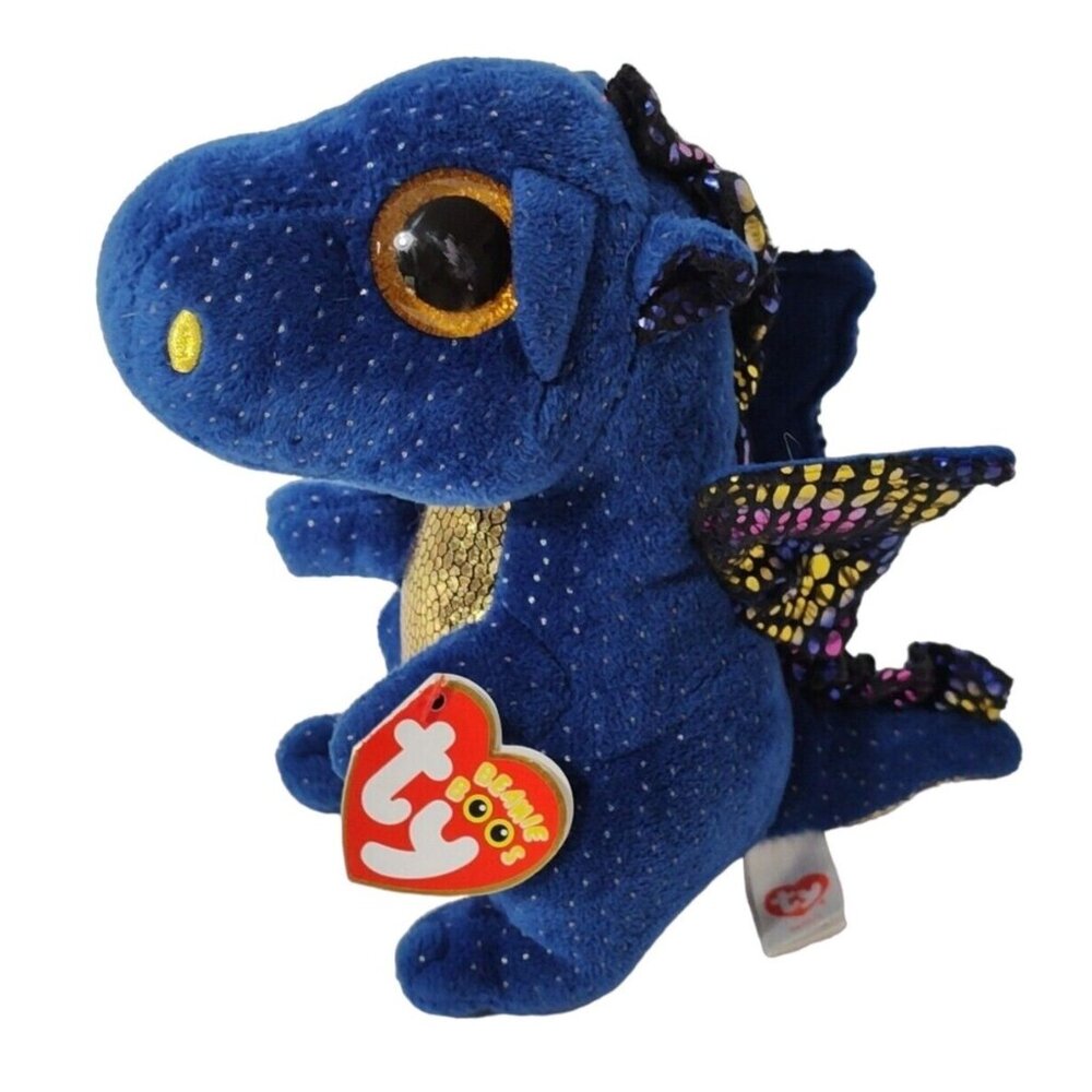 Ty Beanie Boos Saffire Blue Gold Metallic Dragon Stuffed Animal SCRATCHED EYES